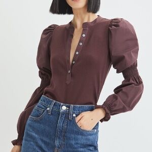 NEW! Veronica Beard Effy Long Puff-Sleeve Top Oxblood Burgundy Brown XS - $248